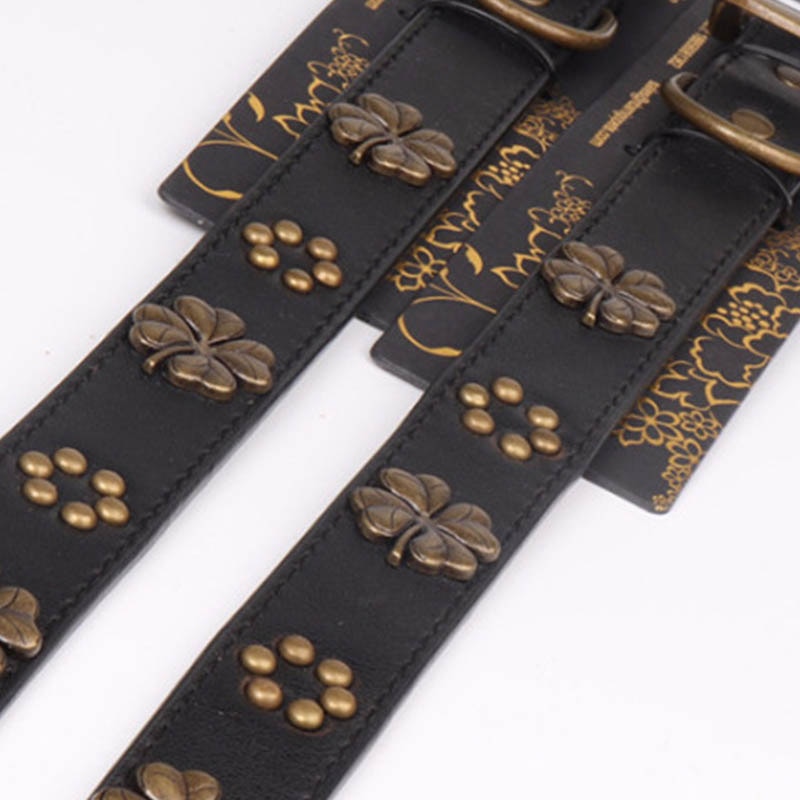 Black Leather Pet Dog Collar with Copper Flower Decoration