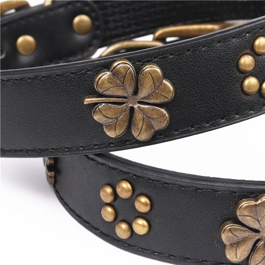 Black Leather Pet Dog Collar with Copper Flower Decoration