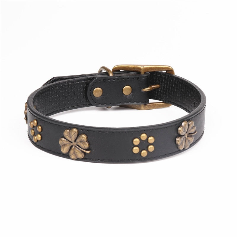 Black Leather Pet Dog Collar with Copper Flower Decoration