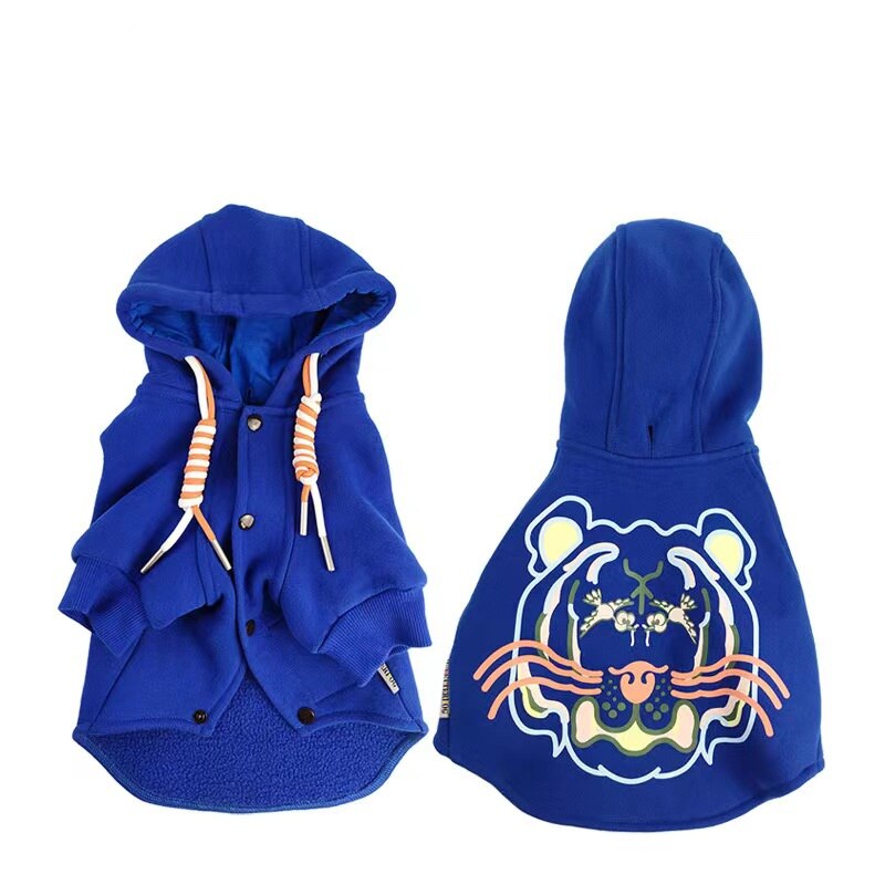 Blue Tiger Printed Velvet Hoodie Coat