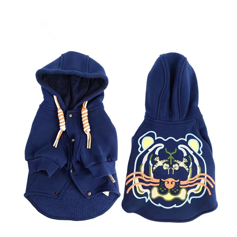 Blue Tiger Printed Velvet Hoodie Coat